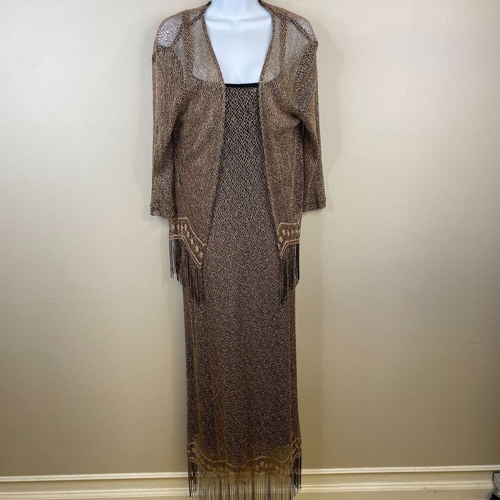 Vintage‎ Harlow Whimsigoth Boho Champagne Gold 2 PC Dress Jacket 12 Fringe Long